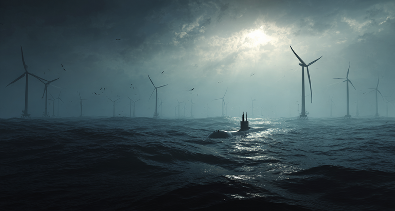 U-SHIELD Projekt - AI-genereret billede af fartøj i havoverflade tæt på havvindmøller