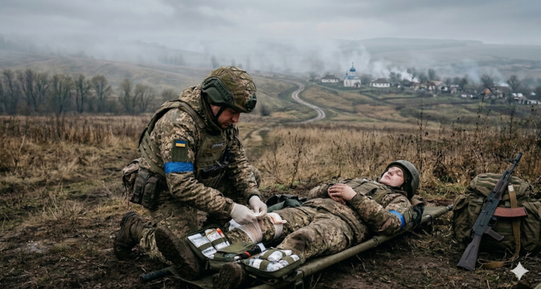 Ukrainsk soldat yder førstehjælp. Billedet er genereret med AI
